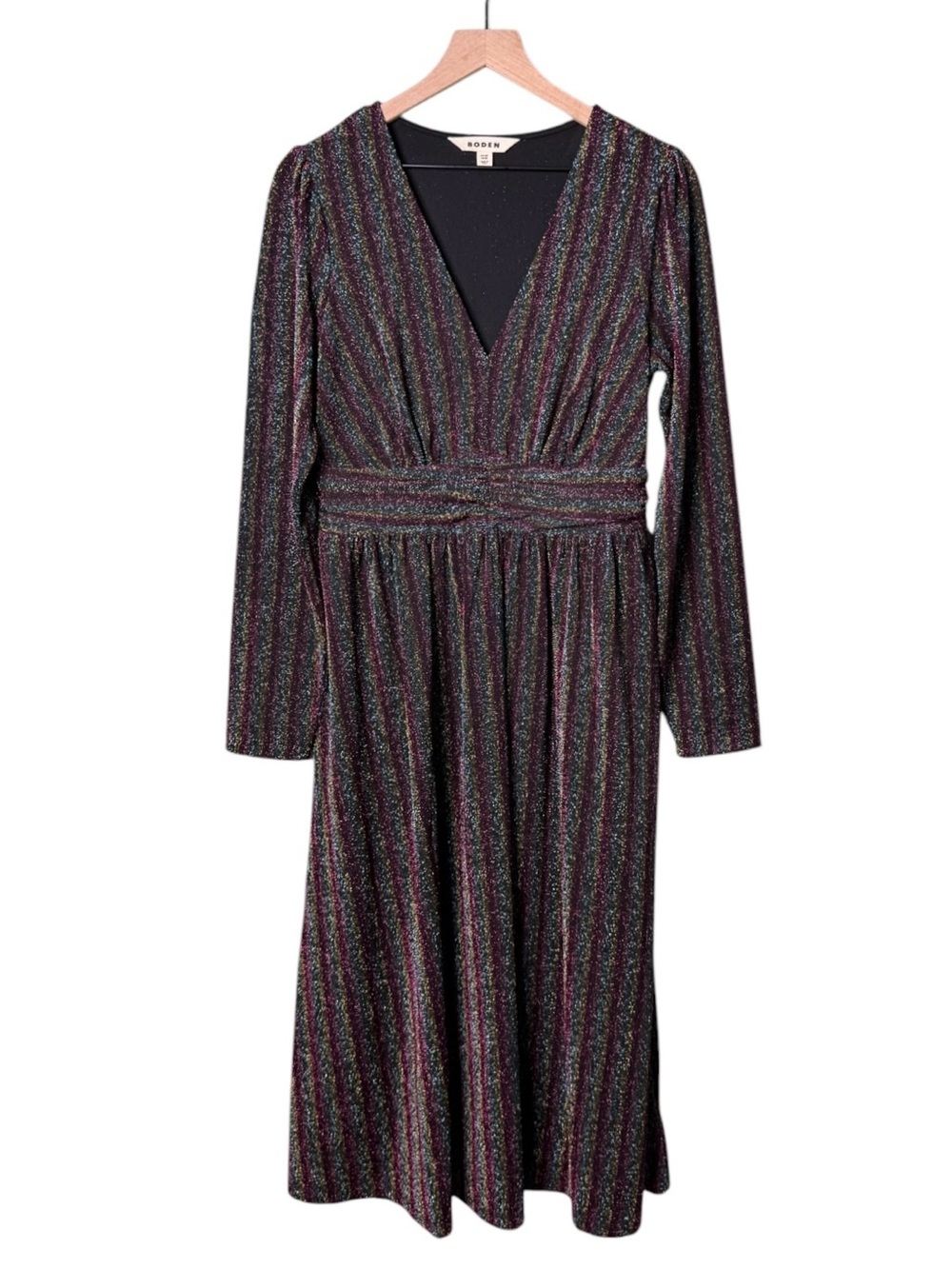 Boden Shimmer Glitter Long Sleeve Stripe Midi Dress Red‎ Black Green Size 8 - Picture 4 of 12